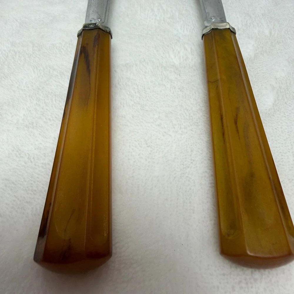 VTG Butterscotch Amber Marbled‎ Salad Serving Set Fork and Spoon MCM Retro Farm